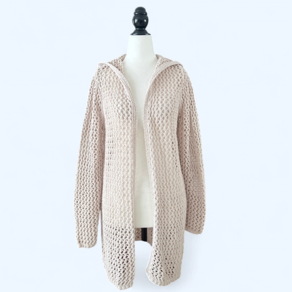 Beige Crochet Knit Open Hoodie Beach Cover Up Coastal Resort Small